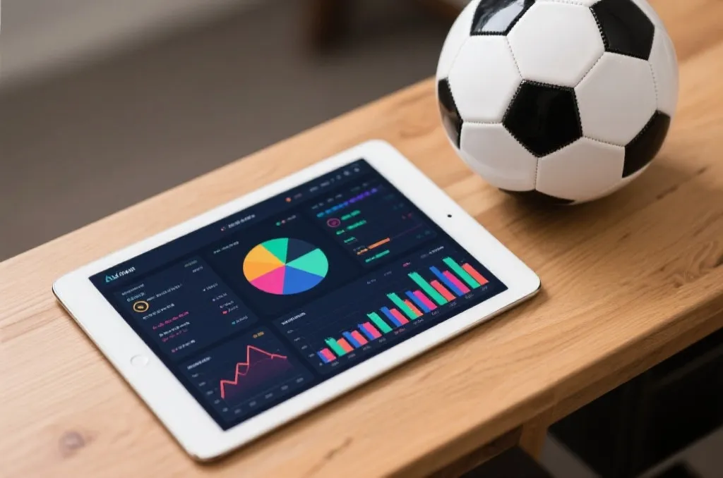 A clean, modern sports analytics dashboard on a tablet screen lying on a wooden desk next to a generic soccer ball, displaying abstract colorful charts and graphs